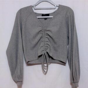 FOREVER 21+ CINCHED CROPPED WAFFLE KNIT LONG SLEEVE TOP WOMENS OX GRAY‎